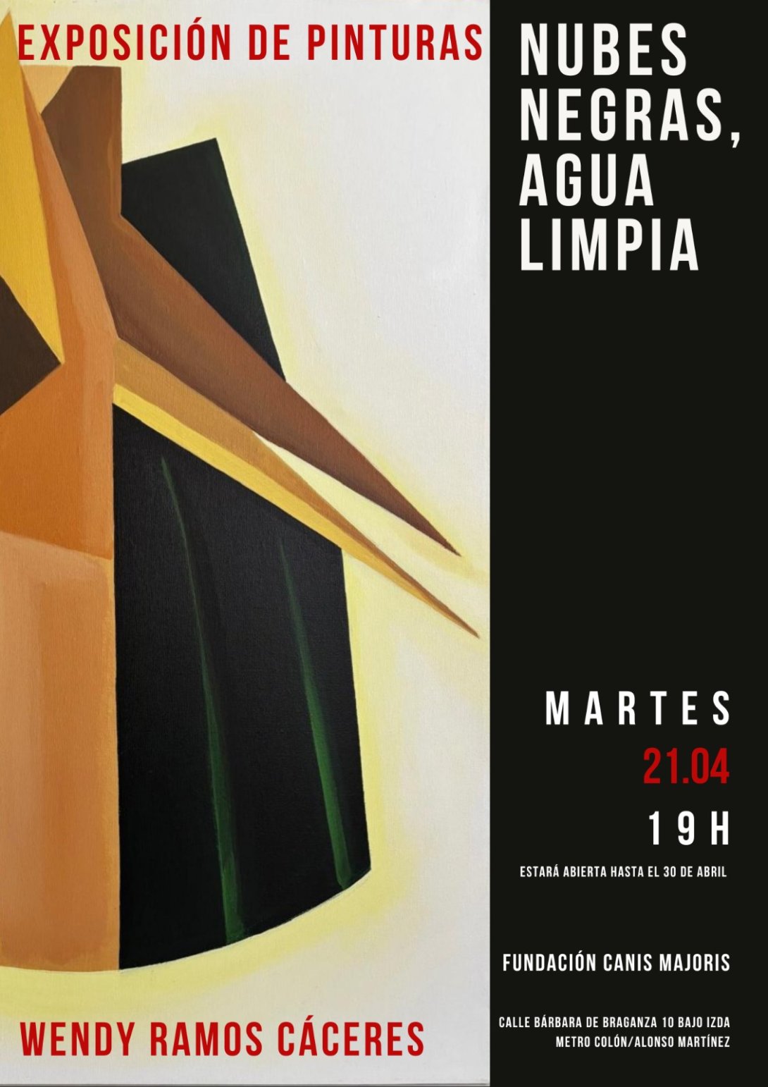 Cartel de la exposición "Nubes negras, agua limpia" de Wendy Ramos Cáceres en Madrid (abril de 2026).