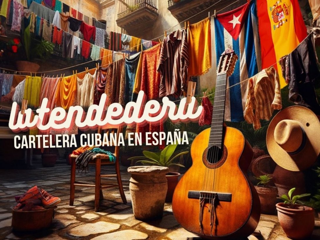 Portada la tendedera cartelera cubana en España. Patio cubano con bandera cubana