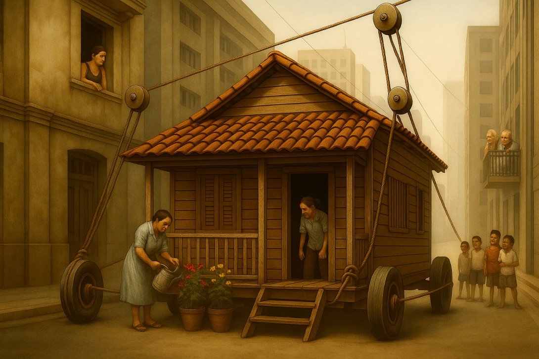 Una casa de madera es transportada con ruedas por el medio de una calle urbana. Cuento de Félix Sánchez "La montaña y la ardilla"