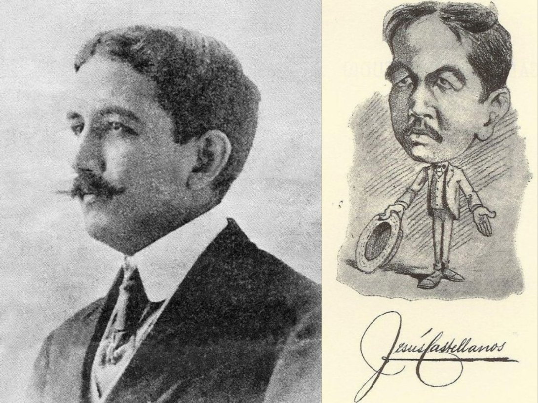 Fotografía del escritor y ensayista cubano Jesús Castellanos (1879-1912) tomada alrededor de 1910, y autocaricatura.