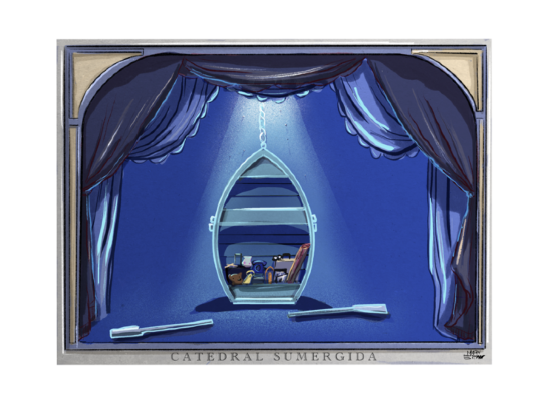 Un telón abierto muestra un bote iluminado guardando objetos personales en un fondo azul