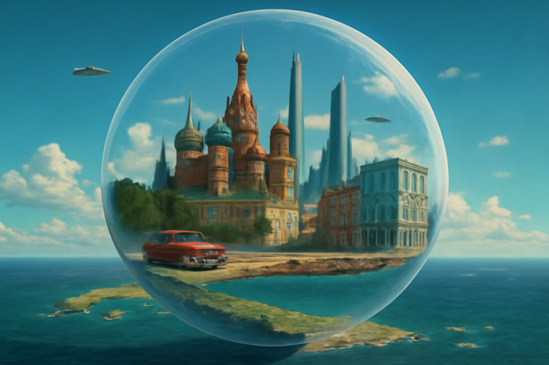 Bola de cristal con una ciudad futurista encima de mapa de Cuba