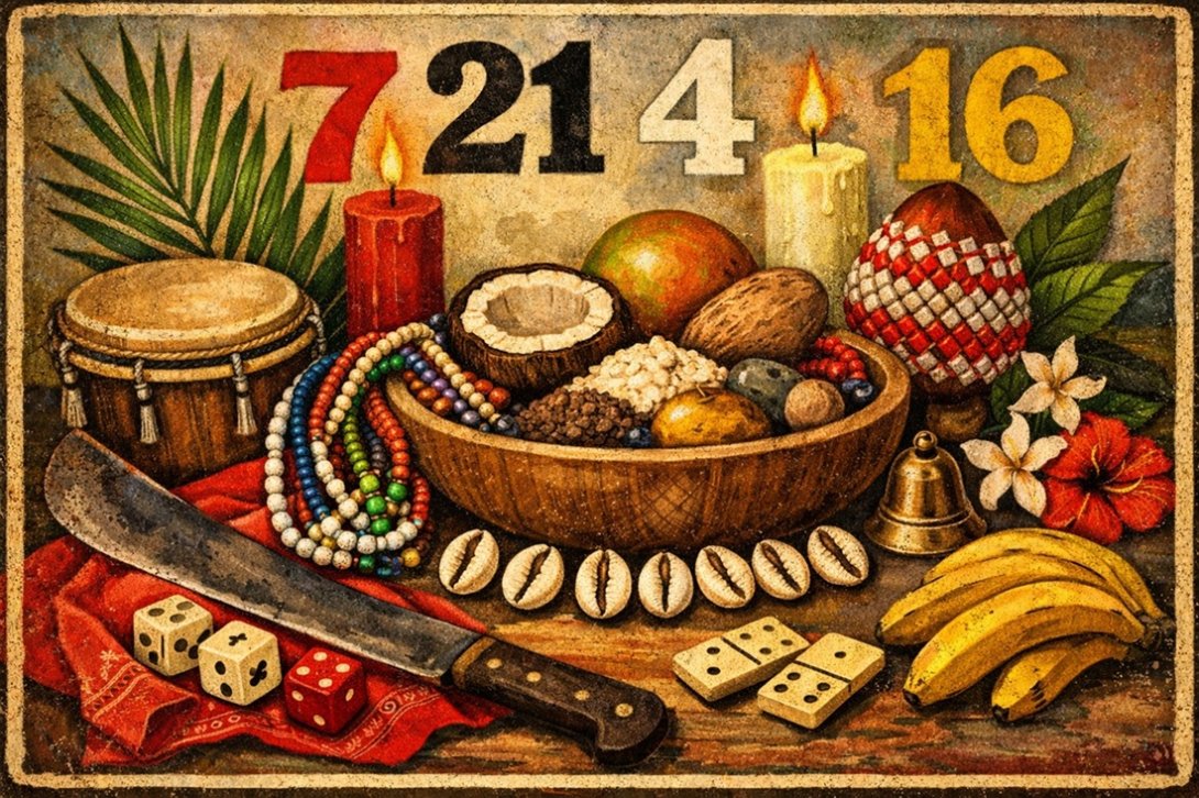 La charada afrocubana. Números y símbolos. Altar de religión afrocubana con alimentos y caracoles y otros objetos rituales.