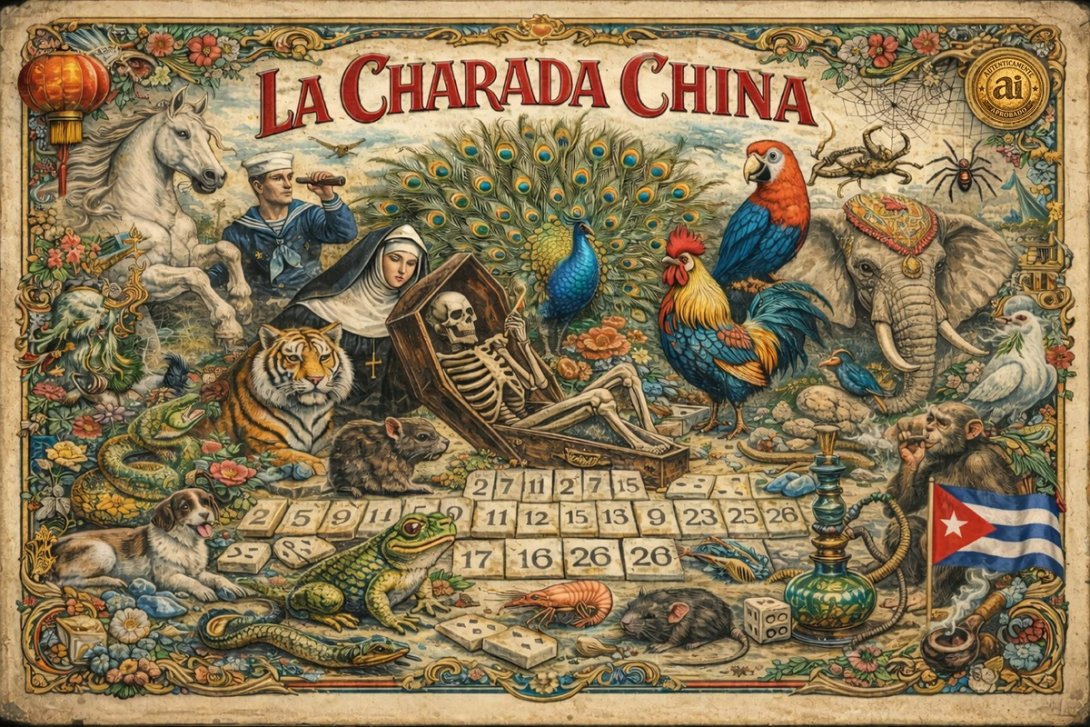 Cartel vintage inspirado en la Charada China en Cuba, sus números y sus "bichos" o símbolos.