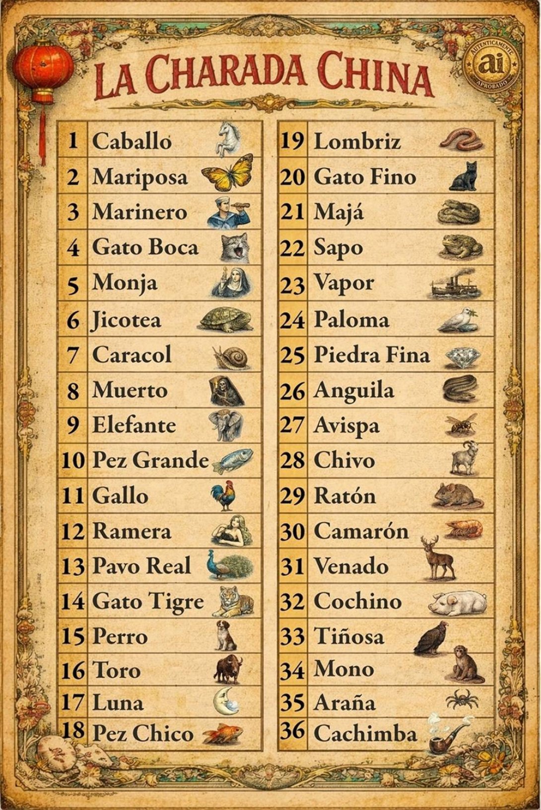 Charada China en Cuba. Tabla de los 36 números y sus bichos o símbolos.