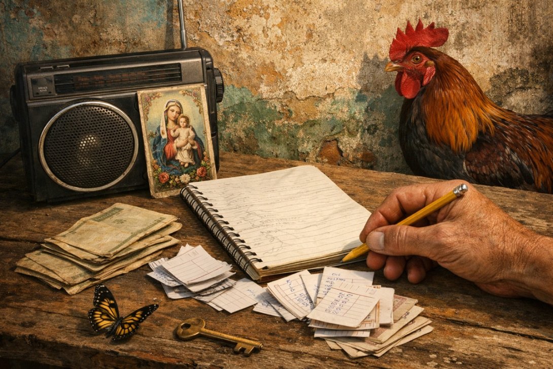 Imagen inspirada en el juego de la bolita y la charada cubana. Apuntador, libreta de listero, símbolos como gallo y mariposa.