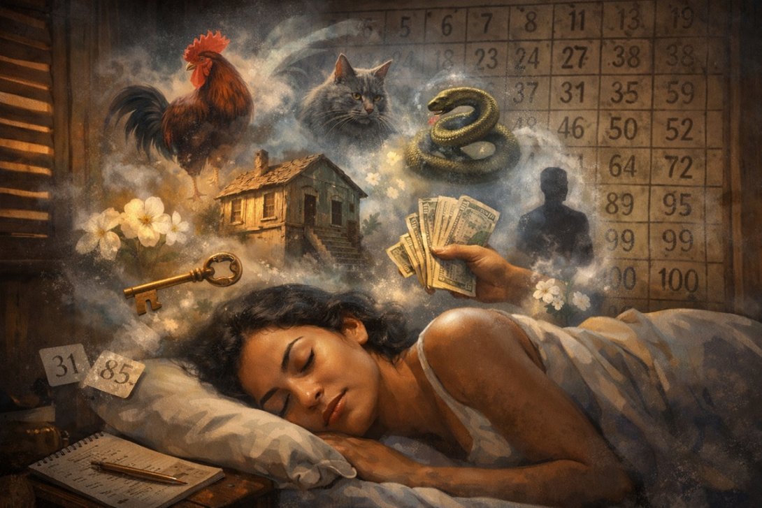 Mujer cubana duerme y sueña con símbolos que son números de la charada cubana.