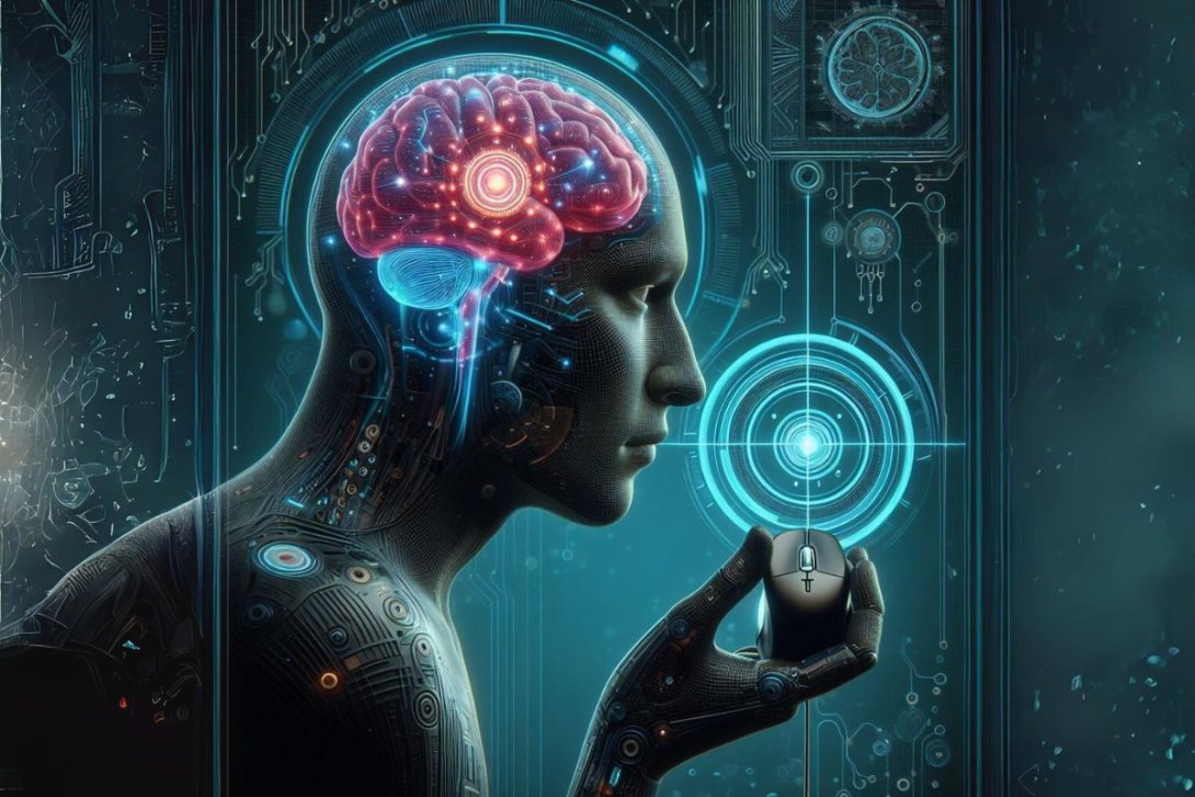 Un ser humano con un chip cerebral sostiene un mouse.