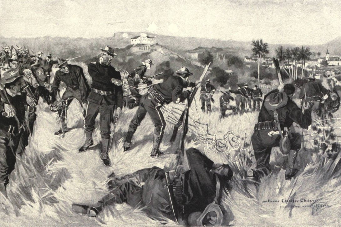 Tropas estadounidenses asaltando El Caney, Santiago de Cuba, en 1898. Ilustración del libro "Historia ilustrada de Harper sobre la guerra con España" Volumen II (1899).