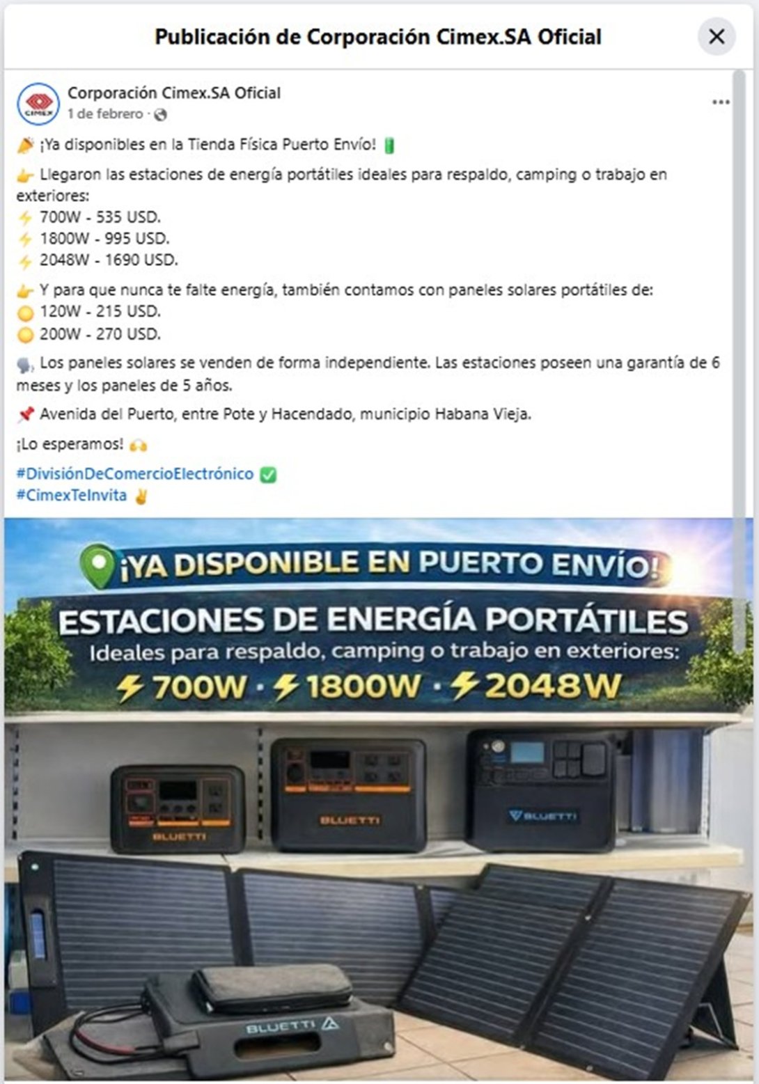 Captura de pantalla del perfil oficial de Facebook de la corporación estatal cubana CIMEX S.A ofertando estaciones de carga portátiles (febrero de 2026).