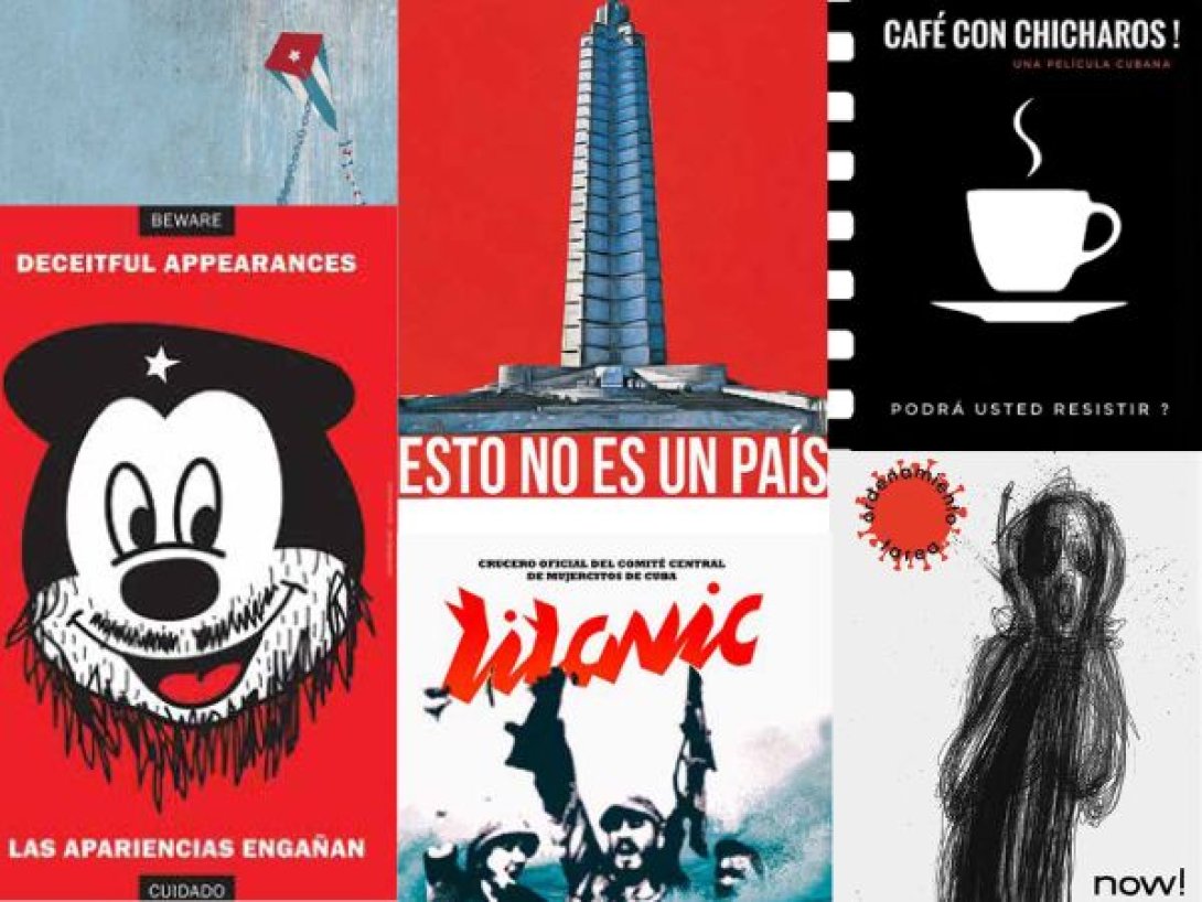Collage de carteles de protesta cubanos reproducidos en el libro El cartel protesta (2025), con obras de