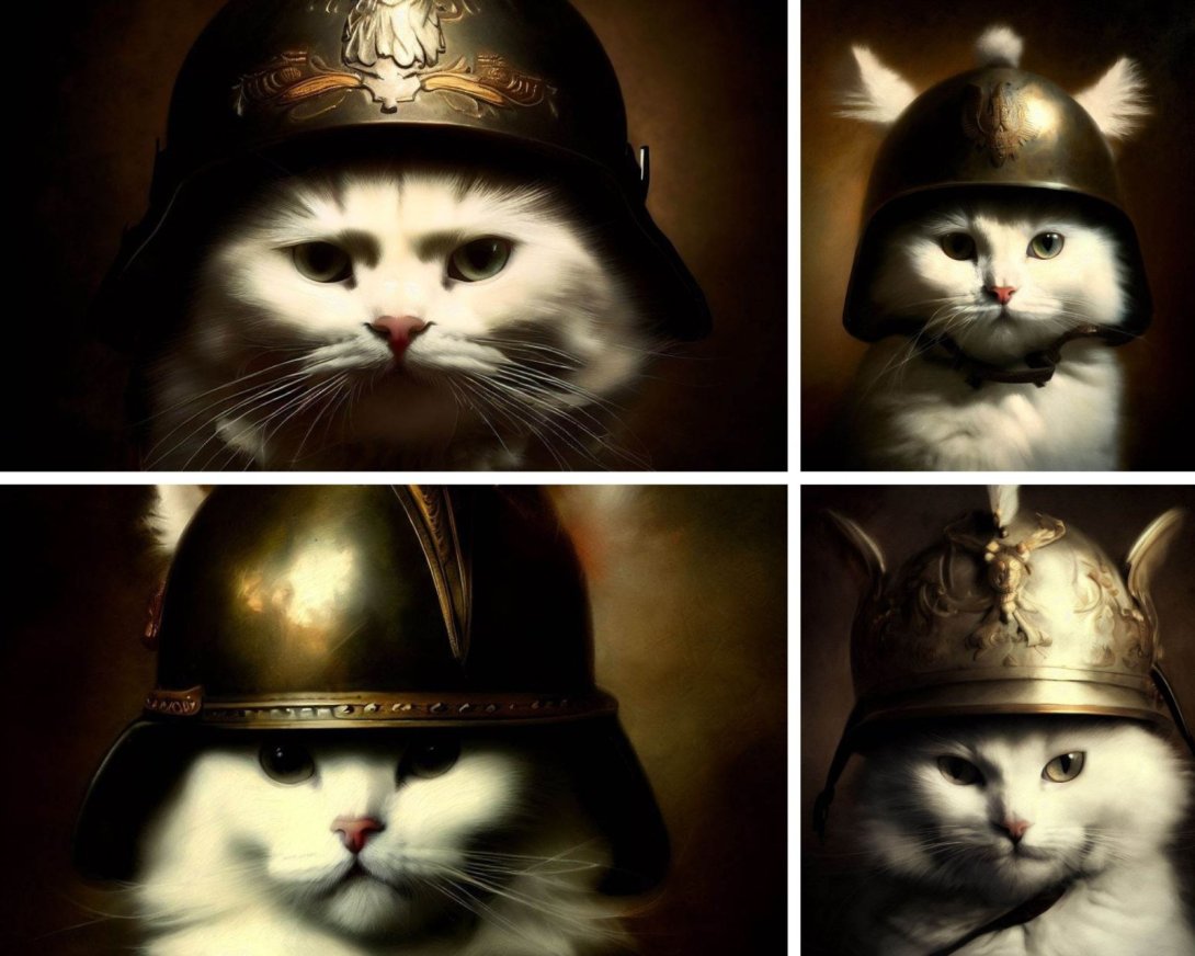 Gatos blancos con sombrero prusiano generados por IA.