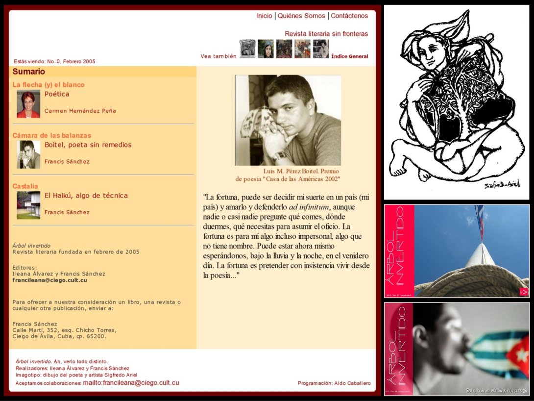 Collage histórico de Árbol Invertido con la portada fundacional de 2005, la ilustración original de Sigfredo Ariel y portadas de ediciones en PDF.