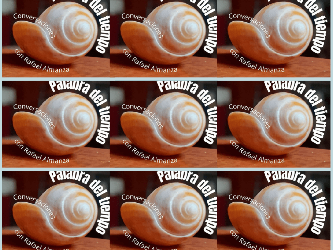 Mosaico de caracol rodeado de las letras donde se lee "Palabras del tiempo"