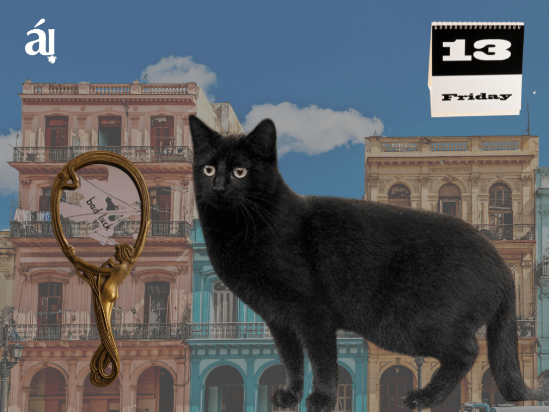 Gato negro, espejo roto y calendario en viernes 13 sobre La Habana.