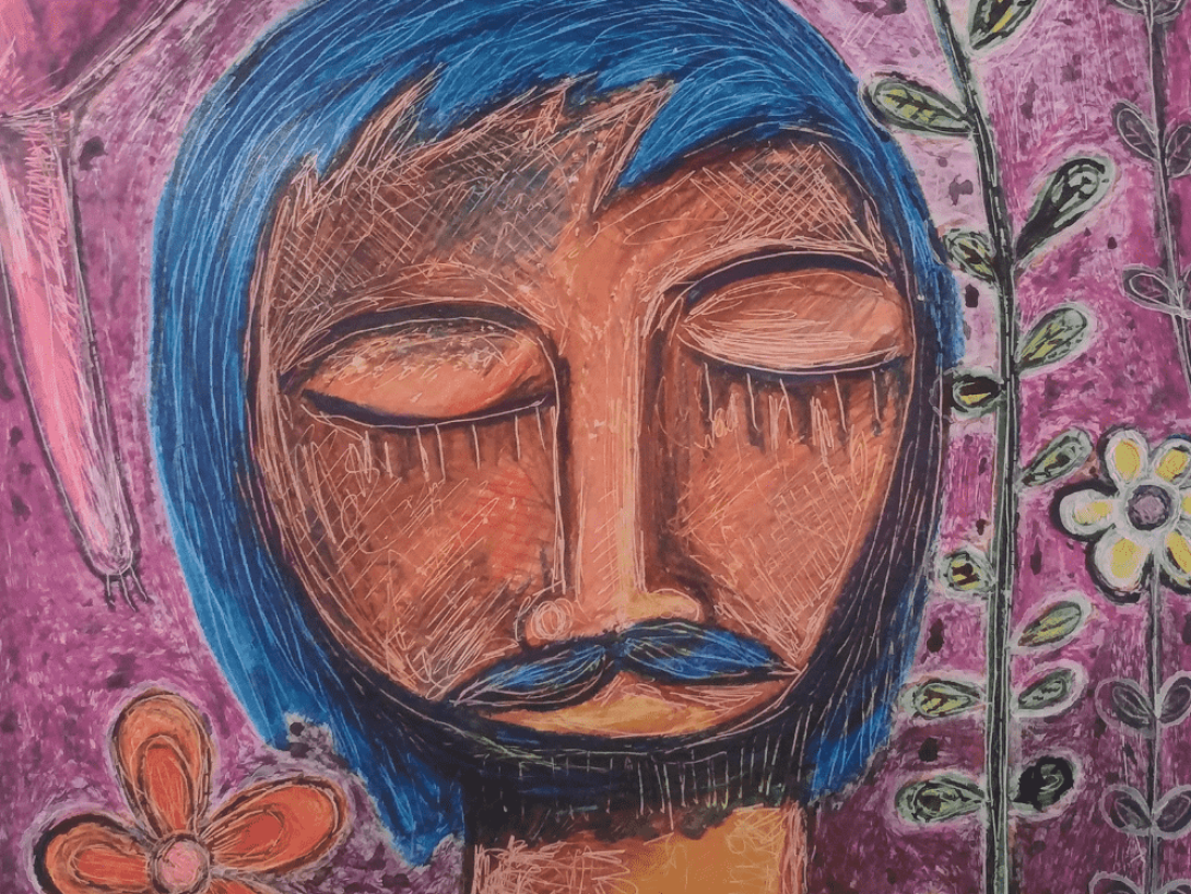 Dibujo de rostro masculino, con flores detrás.