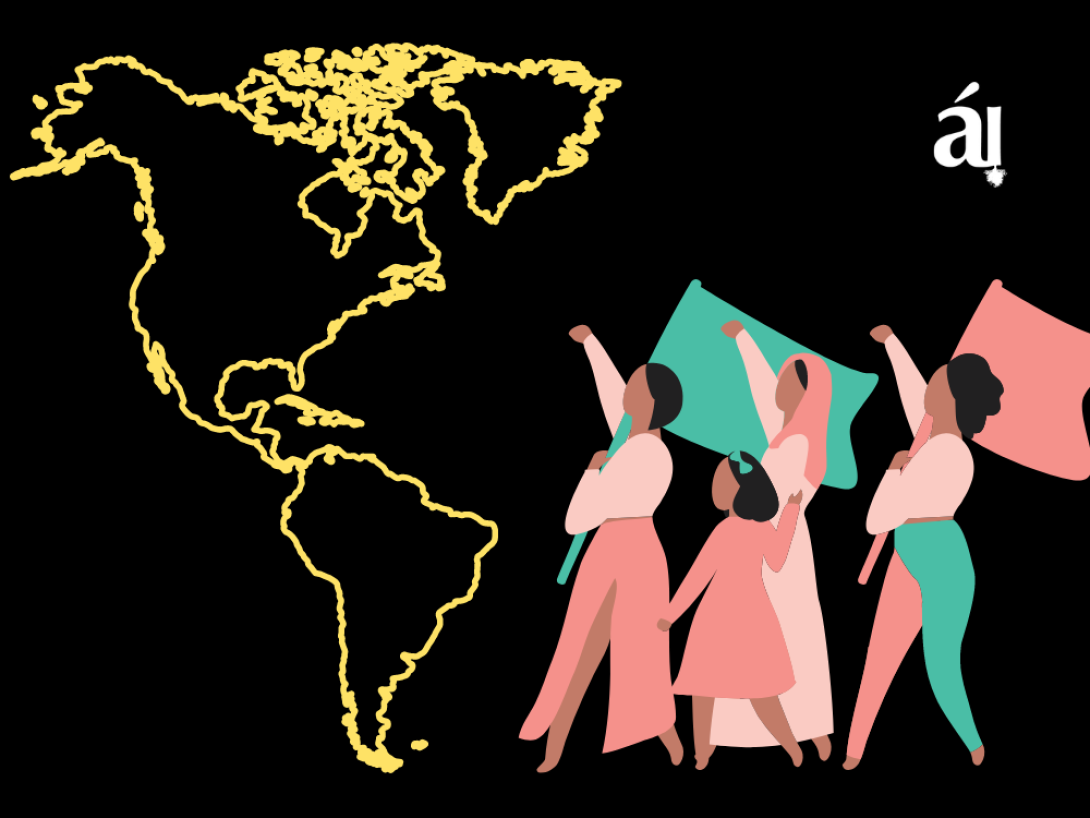 Continente americano y mujeres marchando. 