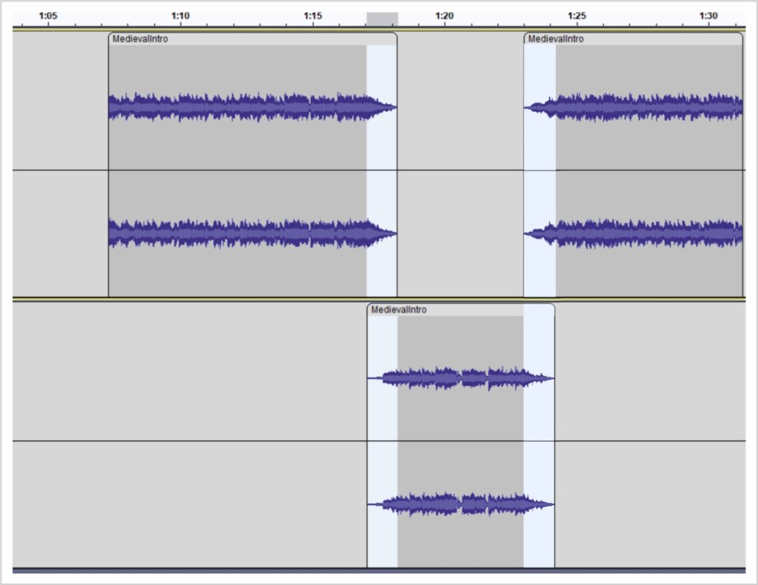 Pauta. Ejemplo de Audacity, efecto "Crossfade" aplicado a dos pistas, efecto "Fundido cruzado de pistas".
