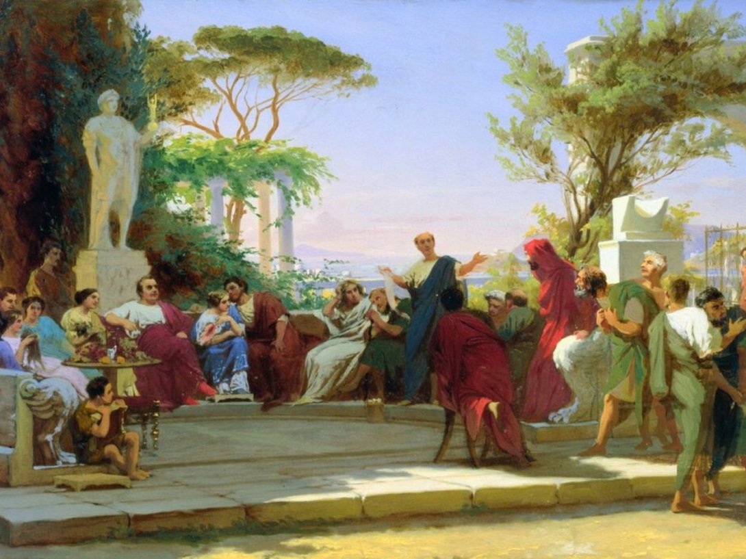 "Horacio leyendo sus sátiras a Mecenas" (1863) de Fédor Andreévich Bronnikov. Fragmento.