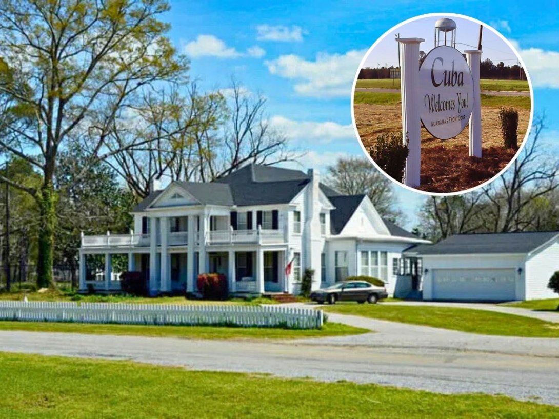 Casa histórica y cartel de bienvenida de "Cuba" en el condado de Sumter, Alabama, Estados Unidos.