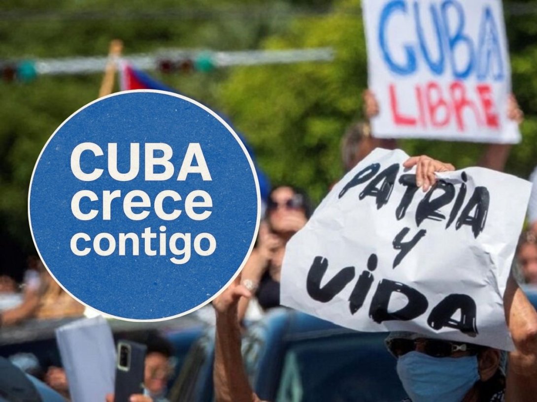 Protesta en Cuba con logo de Cuba Crece Contigo.