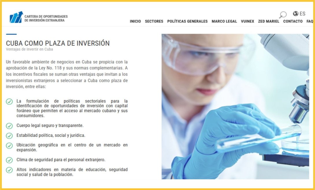 Captura de pantalla de "Invierta en Cuba", sitio fuera de línea, recuperada por CubaChequea con uso de Internet Archive en 2026.