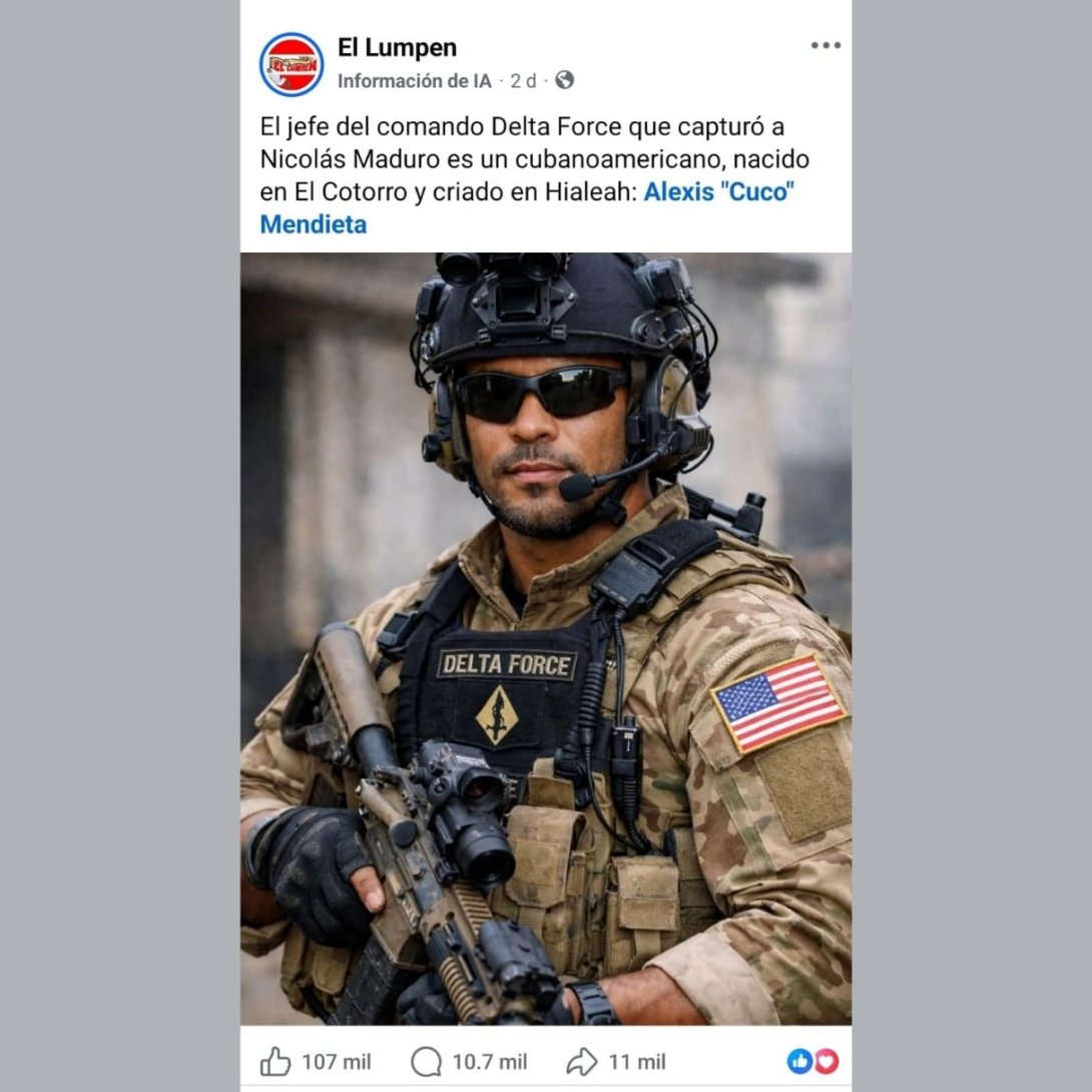 Publicación del perfil satírico El Lumpen sobre Alexis "Cuco" Mendieta, supuesto jefe cubanoamericanod el comando que capturó a Nicolás Maduro (2026).