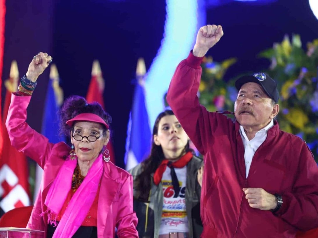 Rosario Murillo y Daniel Ortega durante el acto por el 47º aniversario de la Revolución Sandinista celebrado en Managua (19 de julio de 2026).
