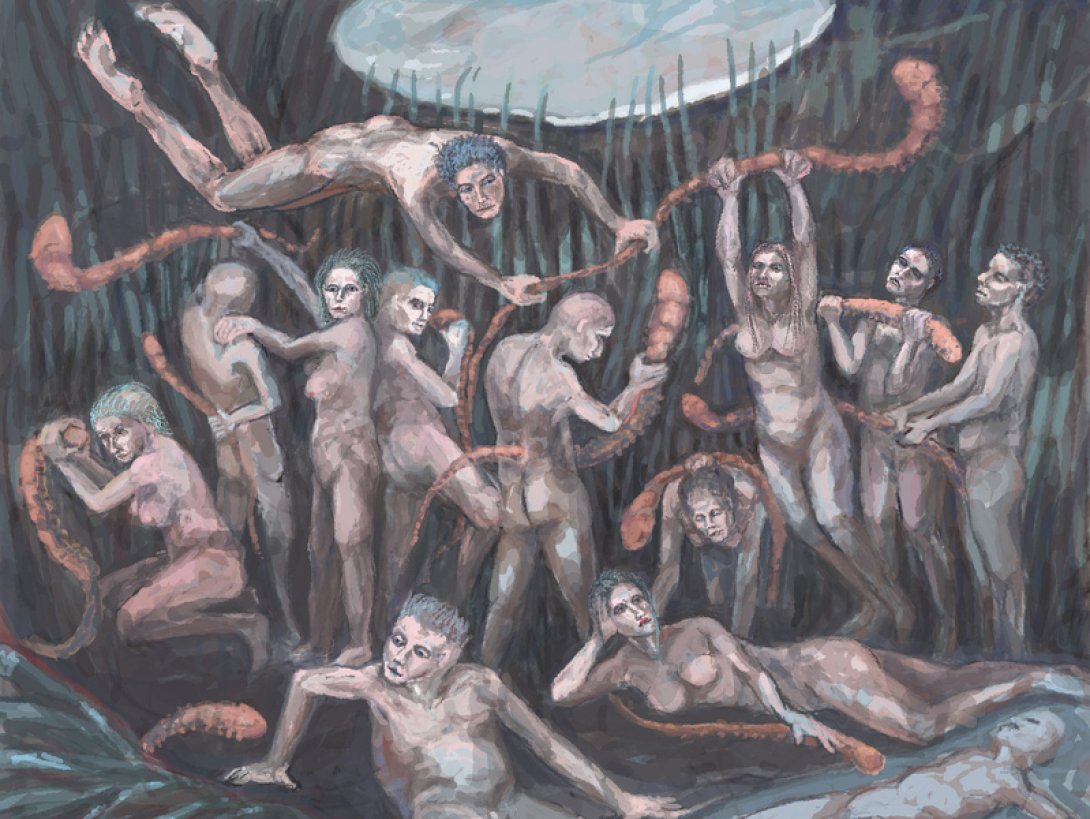 Obra de Walfrido Hau: "¿De dónde venimos, quiénes somos?" representa un grupo de personas desnudas en diferentes poses.