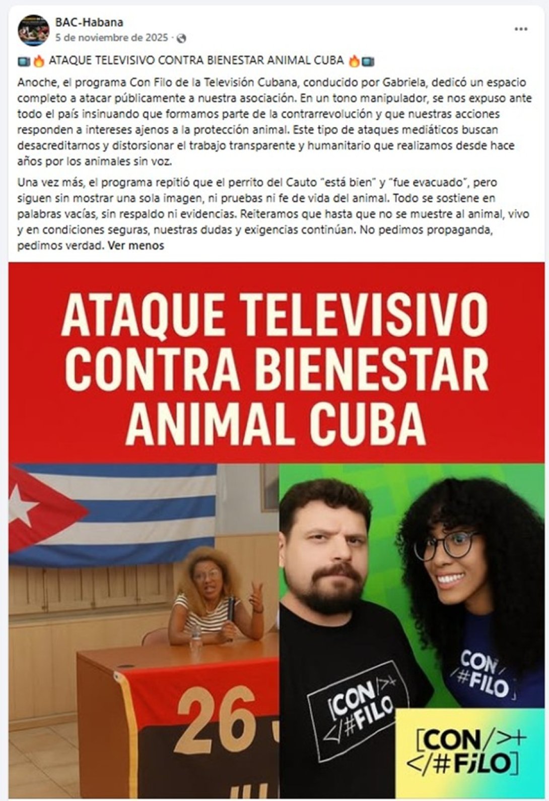 Denuncia de la organización independiente Bienestar Animal Cuba (BAC) por el ataque realizado por el programa oficialista "Con Filo" (noviembre 2025). Tomado del perfil de Facebook de BAC.