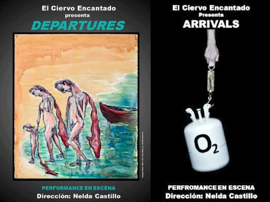Carteles de "Departures" (2017) y "Arrivals" (2018), performances del grupo cubano El Ciervo Encantado.