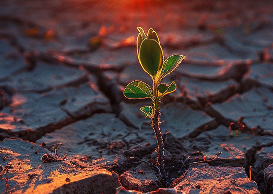 Planta emerge de la tierra seca.