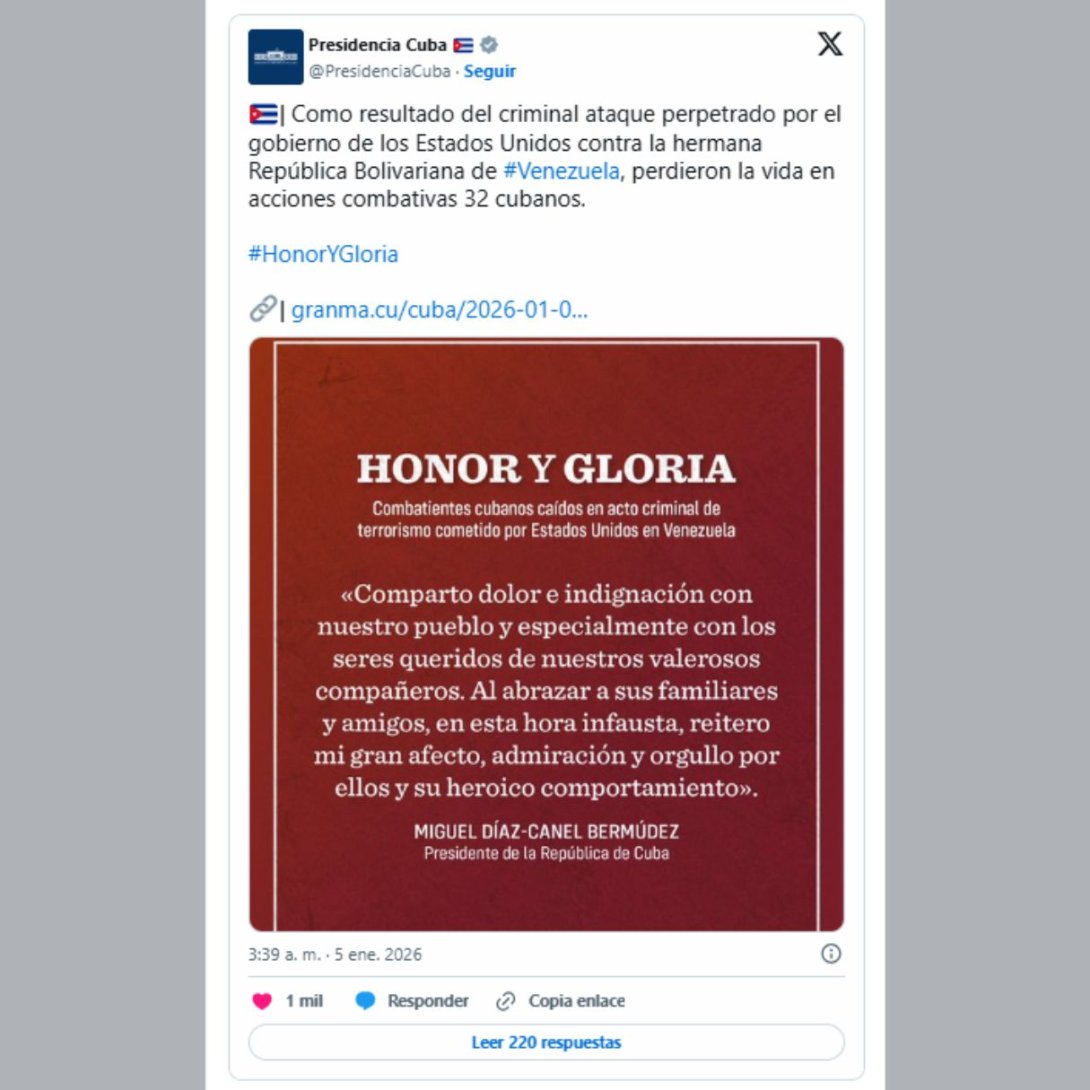 Publicación de Miguel Díaz-Canel admitiendo la muerte de 32 militares cubanos Venezuela durante la captura de Nicolás Maduro (5 de enero de 2025).  