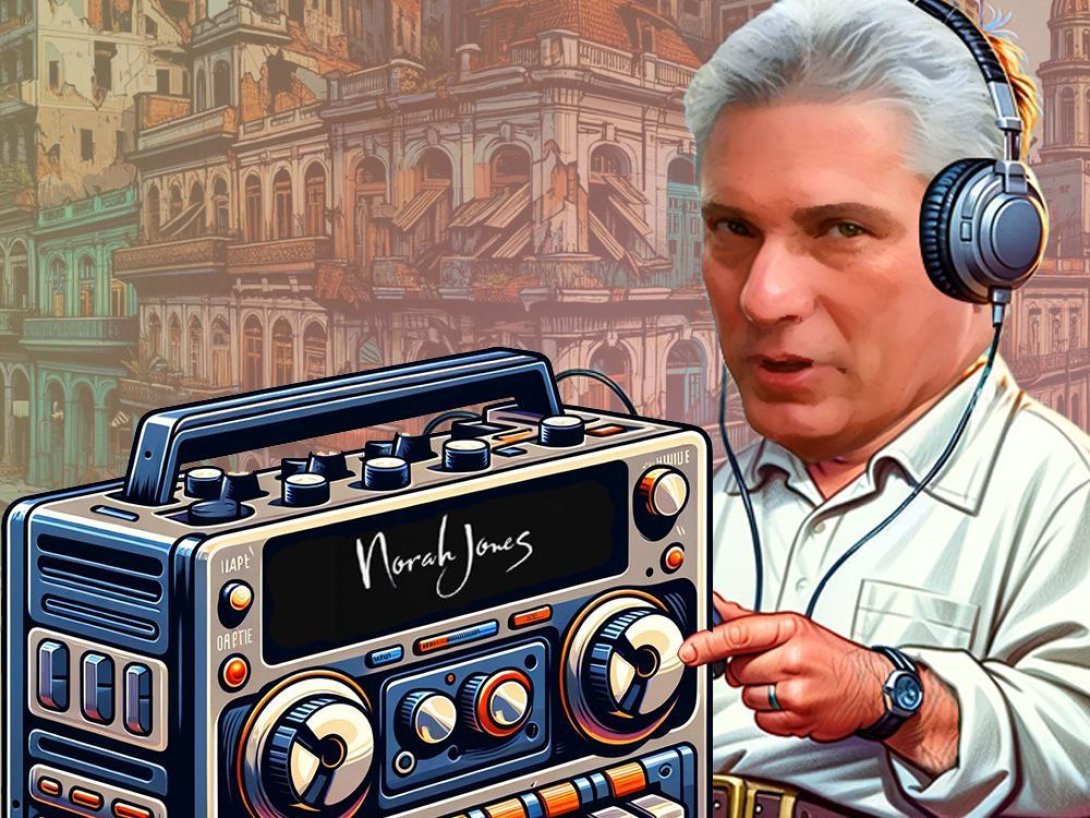 Díaz-Canel escuchando a Norah Jones en un radio.