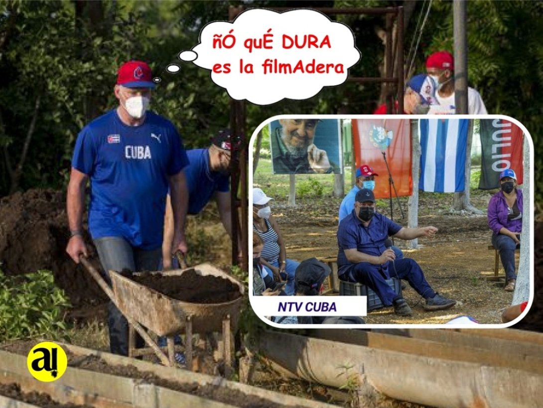 Presidente Miguel Díaz Canel con carretilla de abono orgánico.