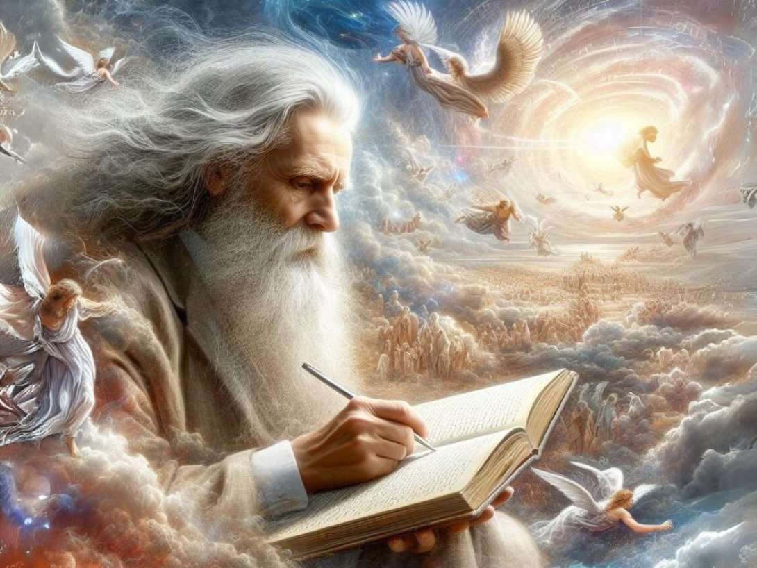 Un hombre escribe en un libro desde el cielo.