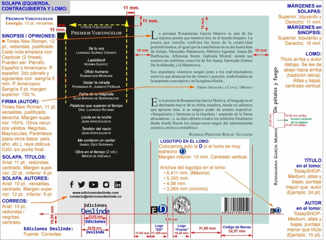 Pautas Diseño cubierta y solapa izquierda Deslinde medidas márgenes datos