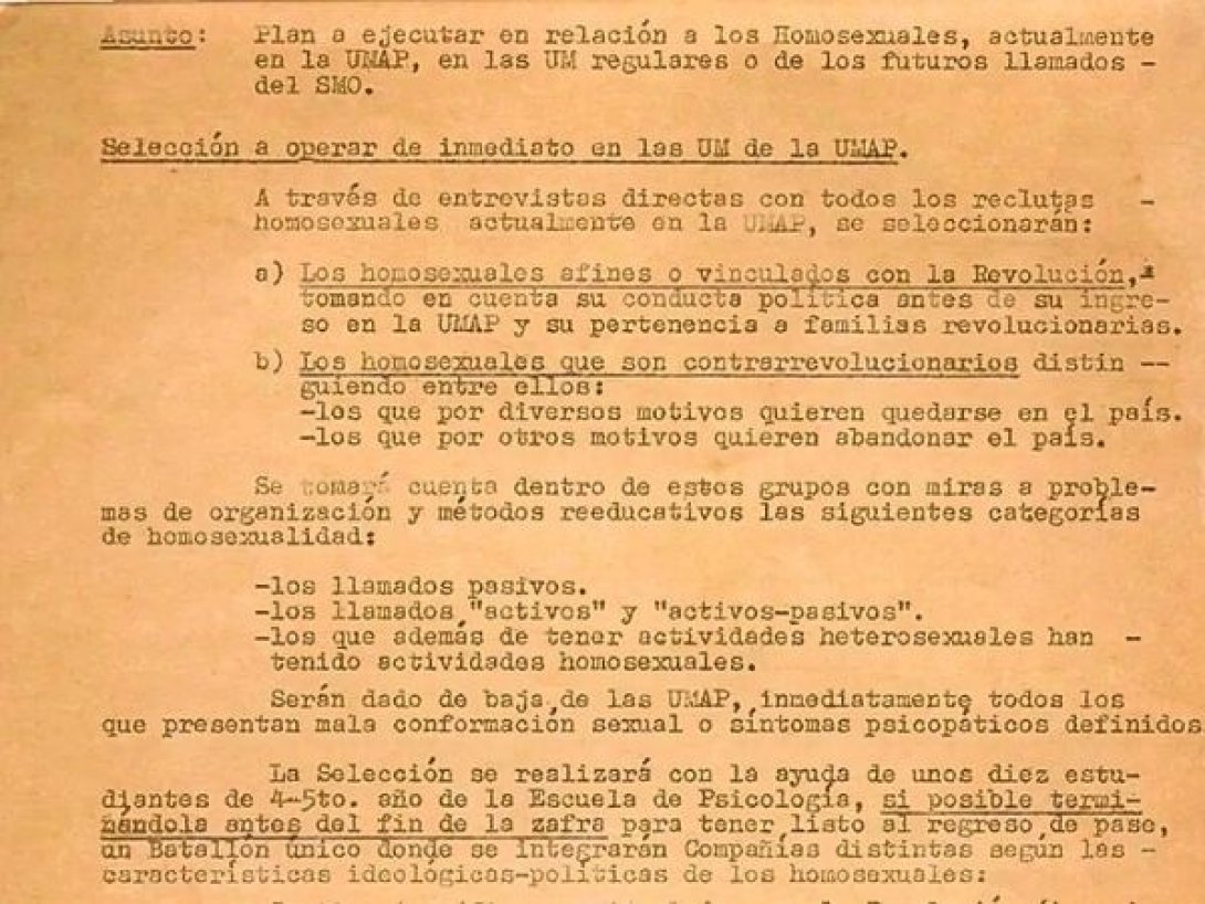 Documento de los años sesenta del Ministerio de las Fuerzas Armadas Revolucionarias que establece categorías y métodos para la “reeducación” de homosexuales en las UMAP en Cuba.
