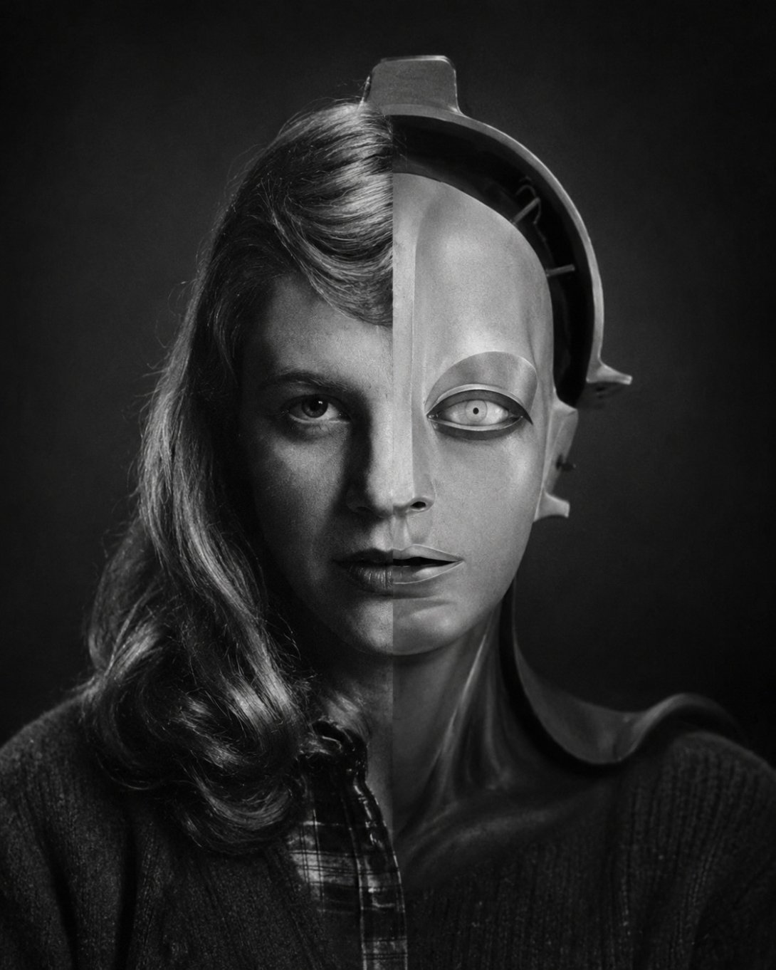 Composición de los rostros de la poeta Silvia Plath y la androide María de la película "Metrópolis" (Fritz Lang, 1927). 