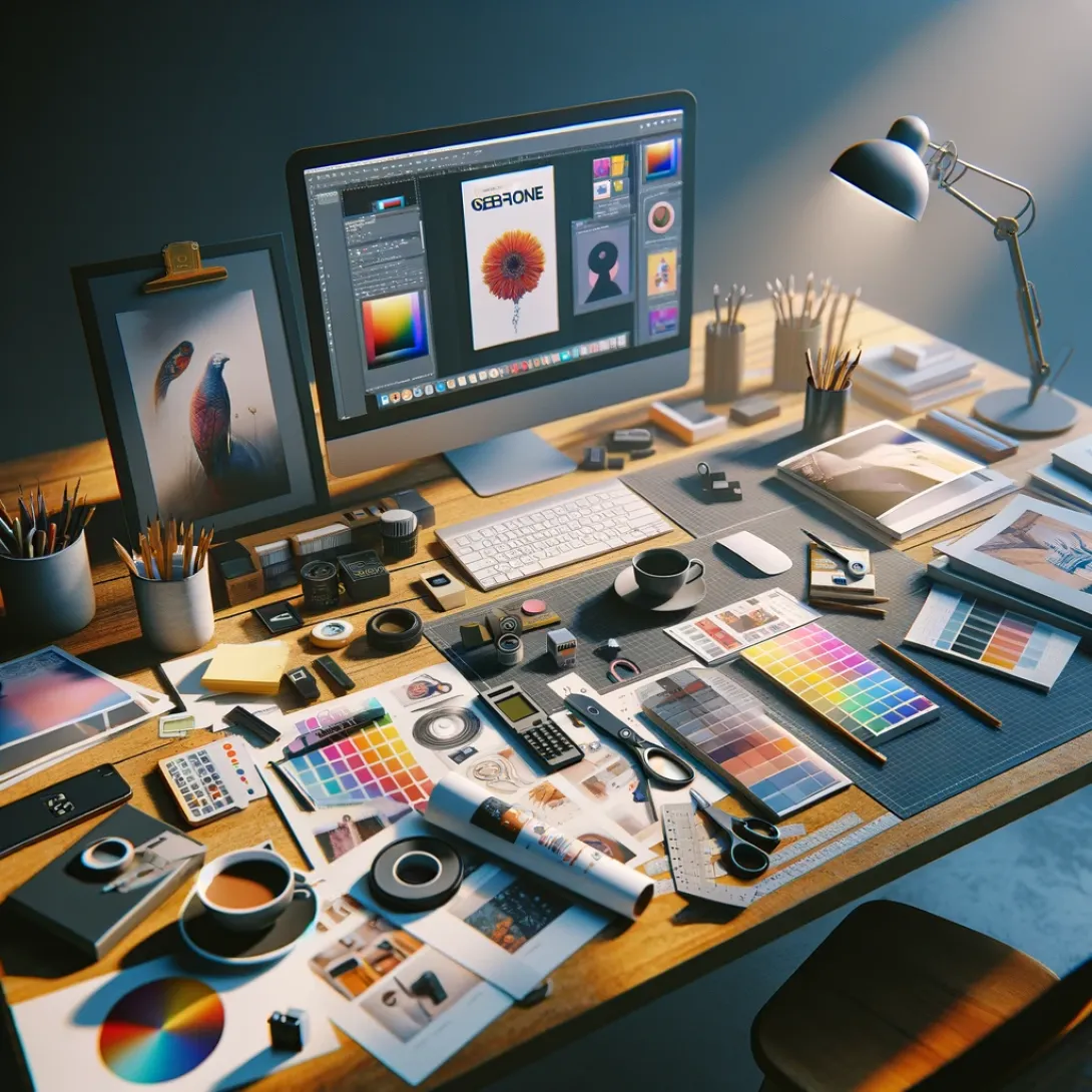 Mesa de trabajo de una editorial, con muchos objetos. Imagen creada con inteligencia artificial