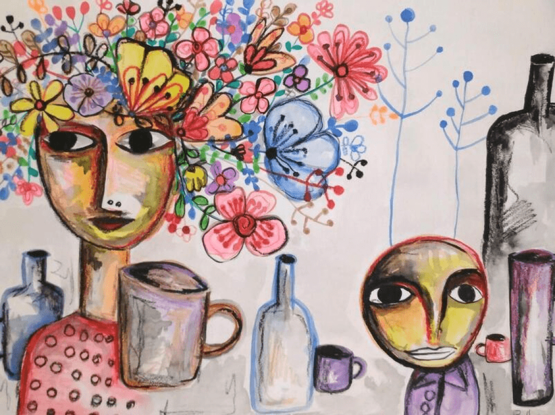 "Ejercicio de botellas, jarros  y mujeres con flores en la cabeza". Técnica: Acuarela y pastel. (37/50 centímetros).