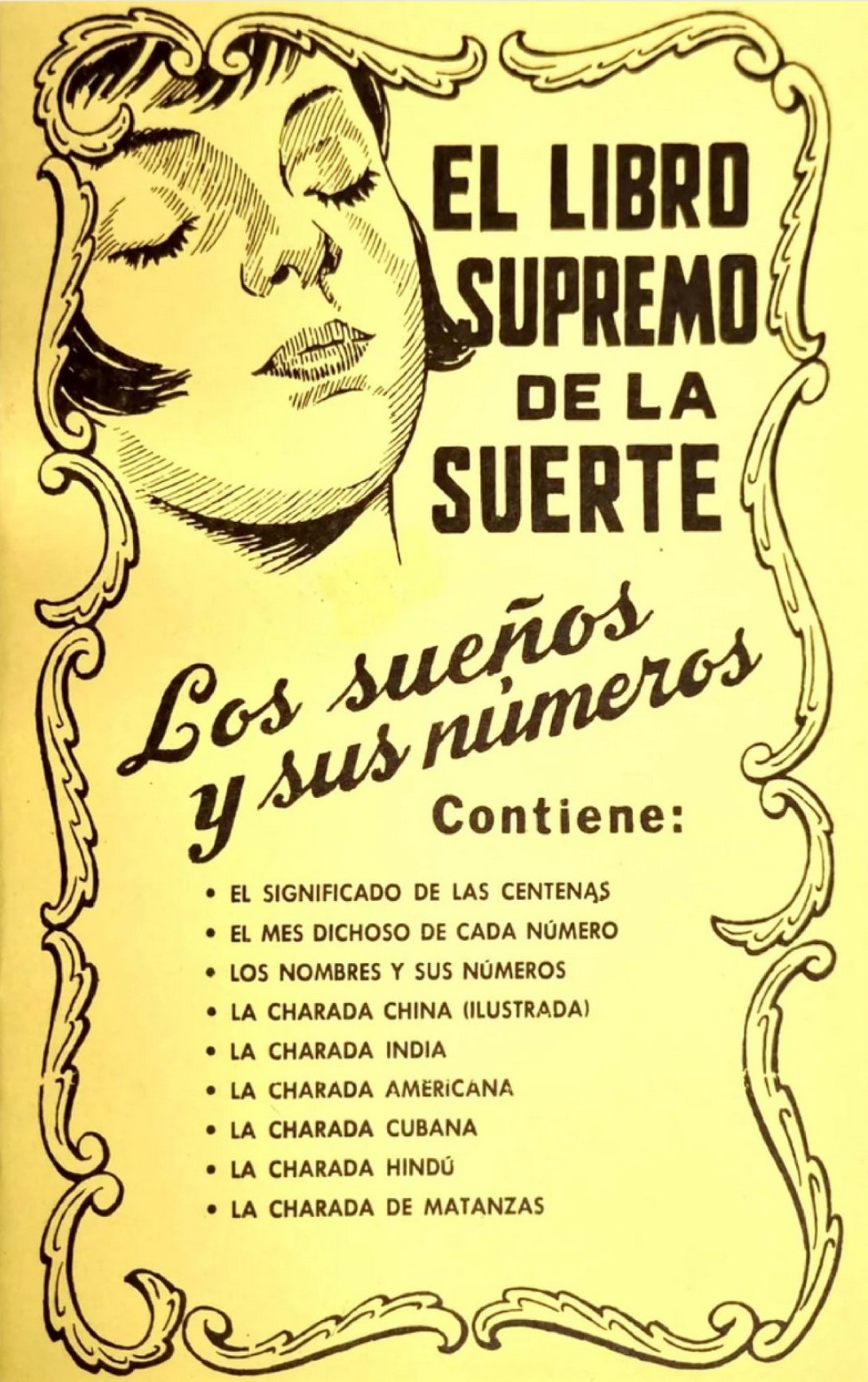 Página de folleto antiguo anunciando la charada cubana por sueños, los símbolos y sus números.