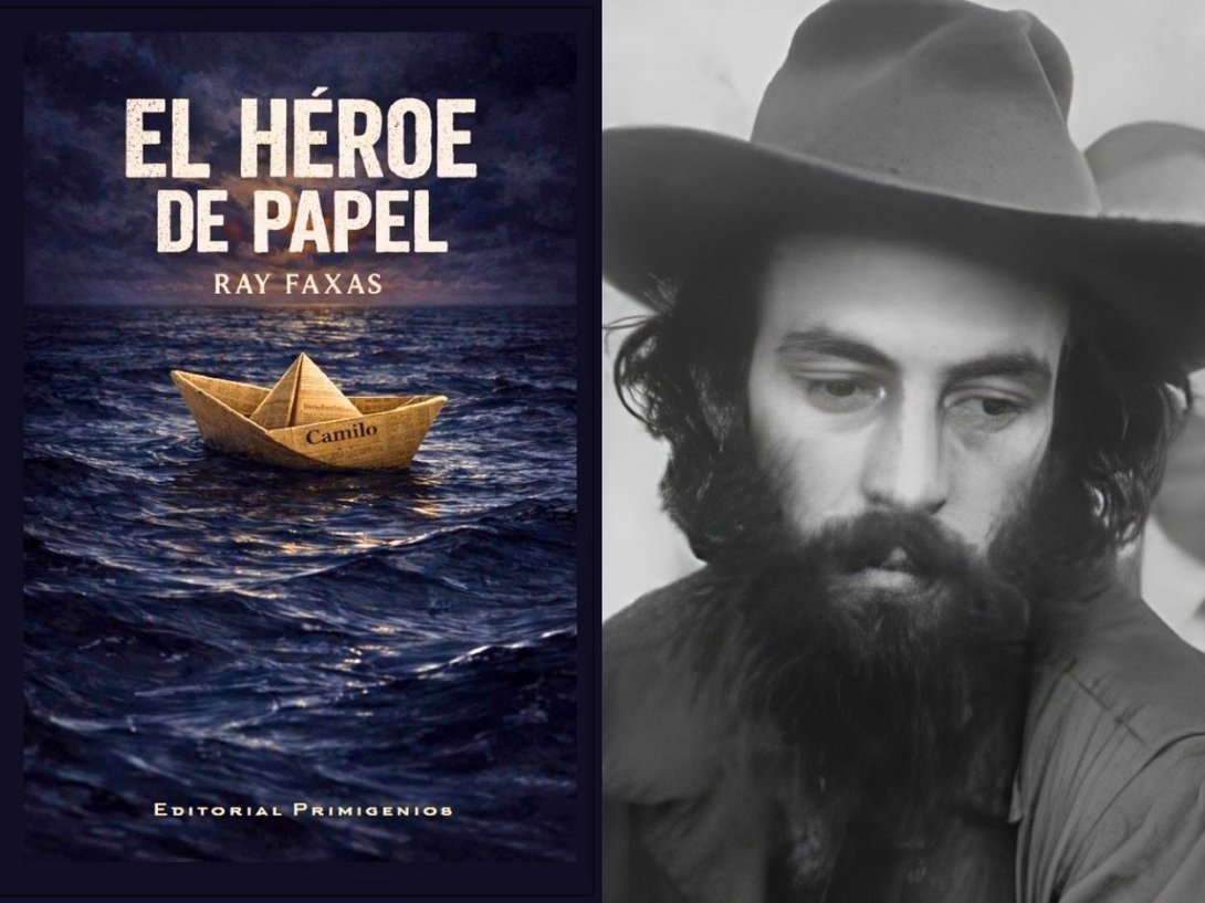 Cubierta de la novela "El héroe de papel" (2026) de Ray Faxas y foto de Camilo Cienfuegos.
