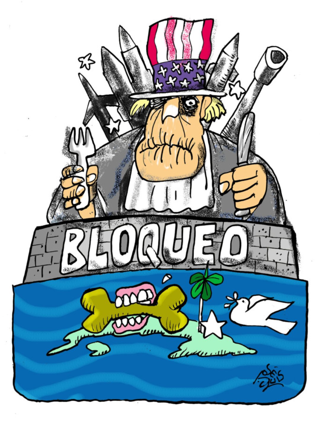 "El hueso", caricatura oficialista cubana publicada en la revista "Palante" (20 de abril de 2026). Autor: José Luis López.
