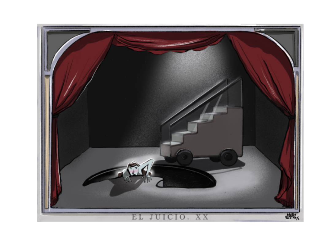 mujer saliendo de un hueco negro en forma de isla de Cuba 