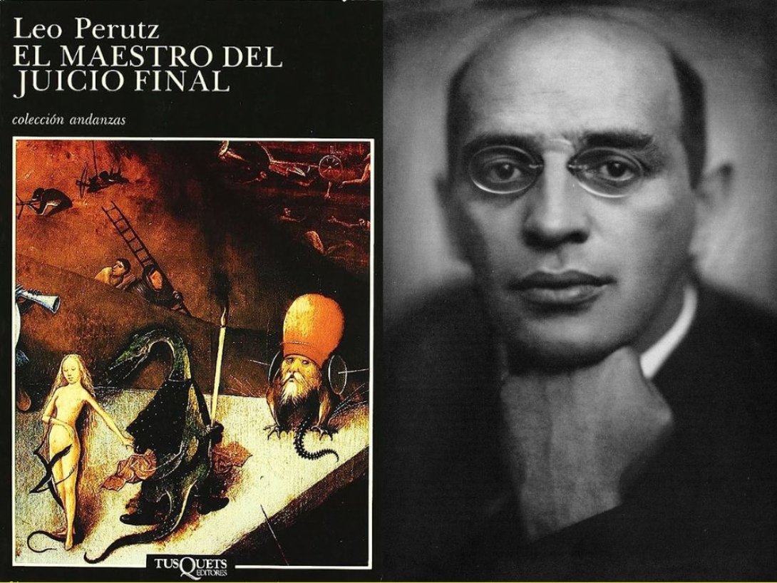 Portada del libro "El maestro del juicio final" y retrato de su autor Leo Perutz.