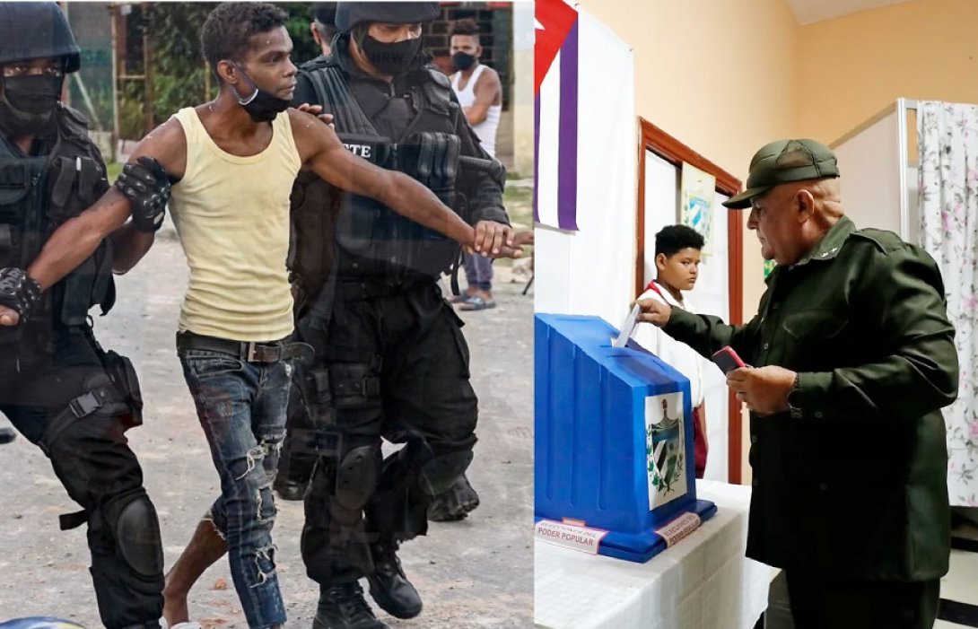 Un militar votando y dos militares llevándose a un joven detenido en Cuba