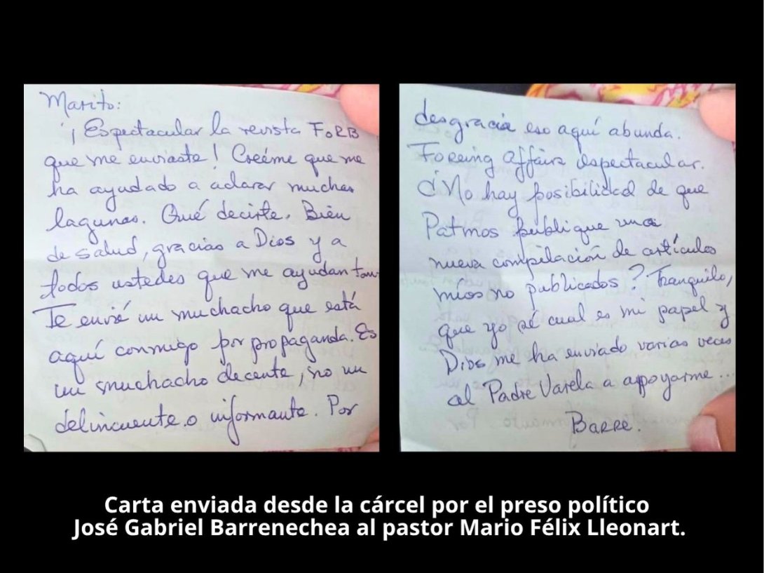 Carta enviada desde la cárcel por el preso político  José Gabriel Barrenechea al pastor Mario Félix Lleonart.