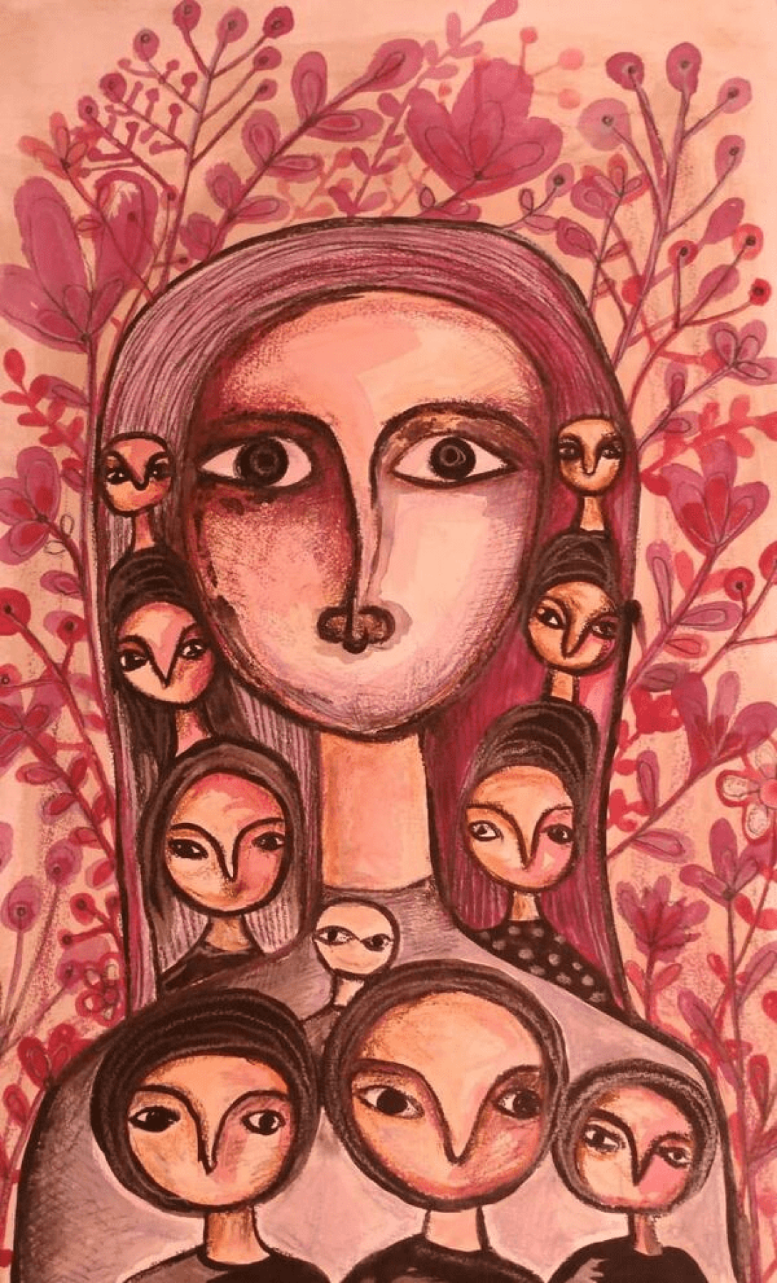 "Esa mujer carga con toda la familia". Técnica: Acuarela y pastel seco. (37/50 centímetros).