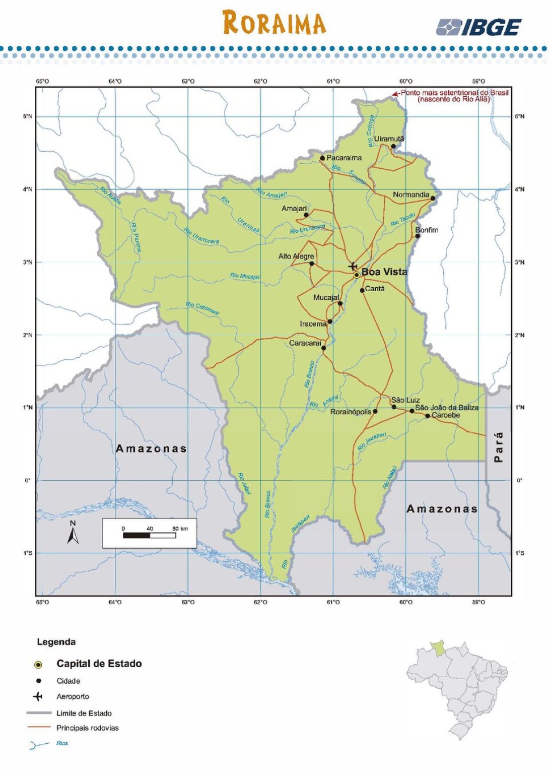 Mapa del estado de Roraima, Brasil.
